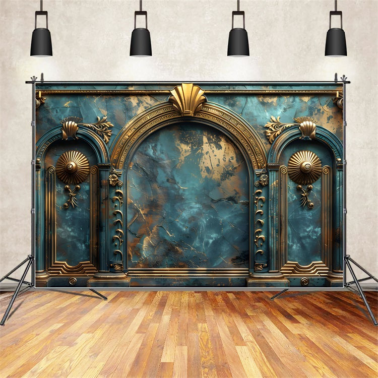 Backdrop Vintage Teal Retro Wall Gold Carvings Backdrop BRP11-588