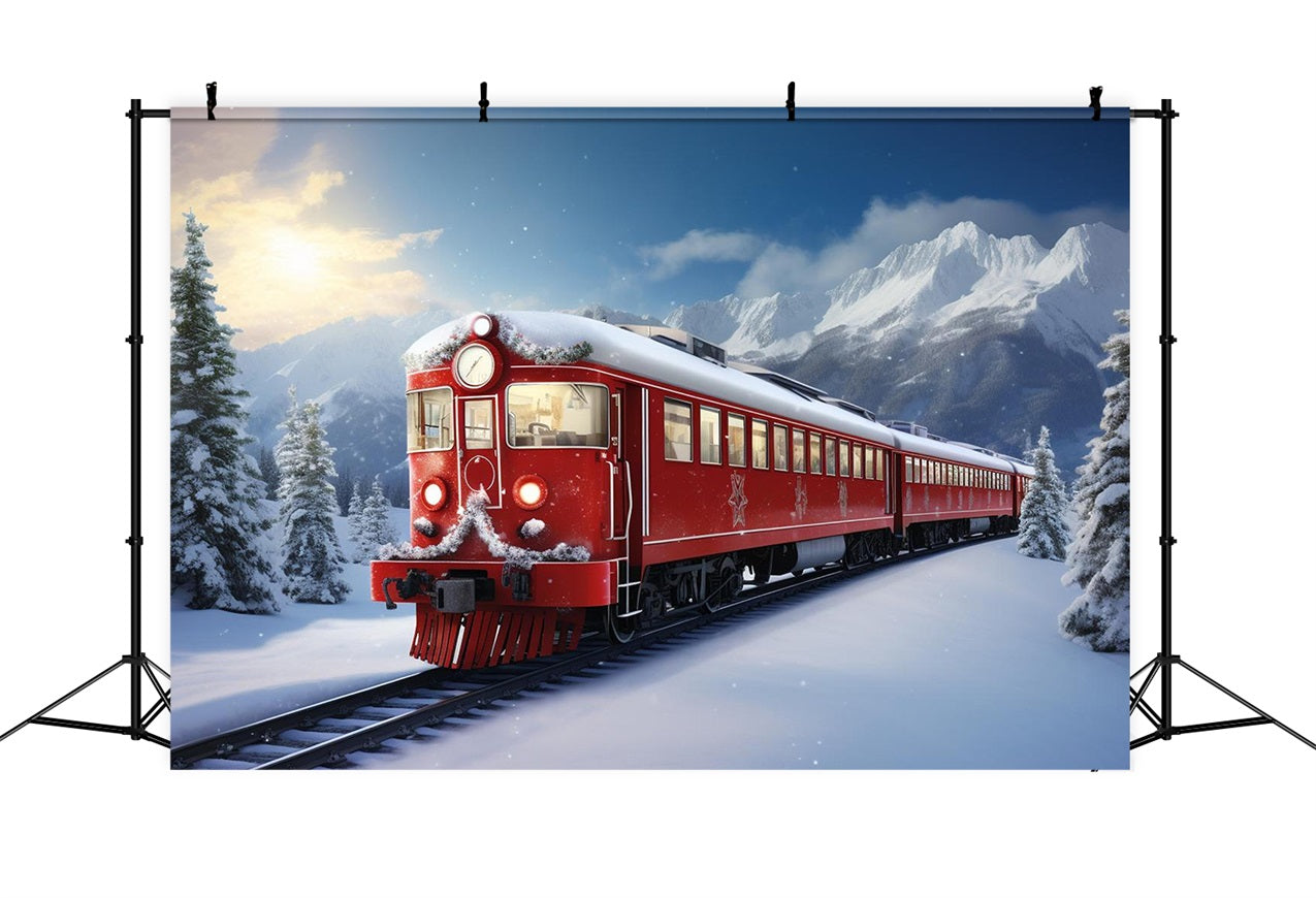 Winter Scene Backdrops Red Train Snow-Capped Mountains Backdrop BRP11-59