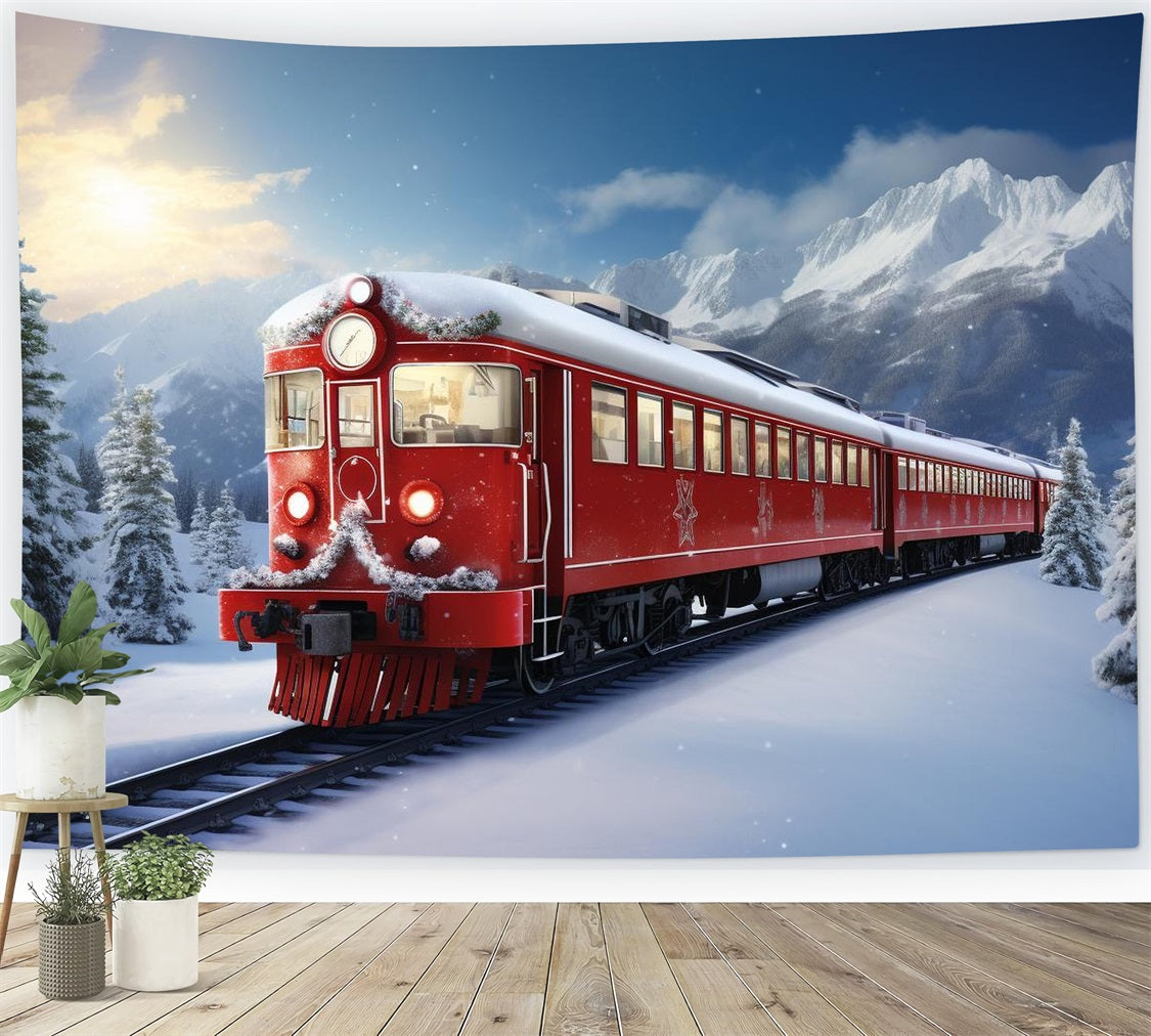 Winter Scene Backdrops Red Train Snow-Capped Mountains Backdrop BRP11-59