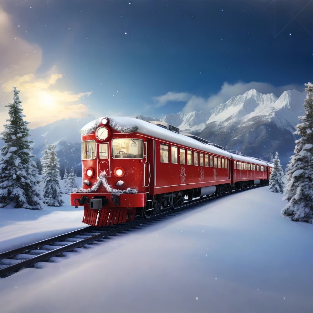 Winter Scene Backdrops Red Train Snow-Capped Mountains Backdrop BRP11-59