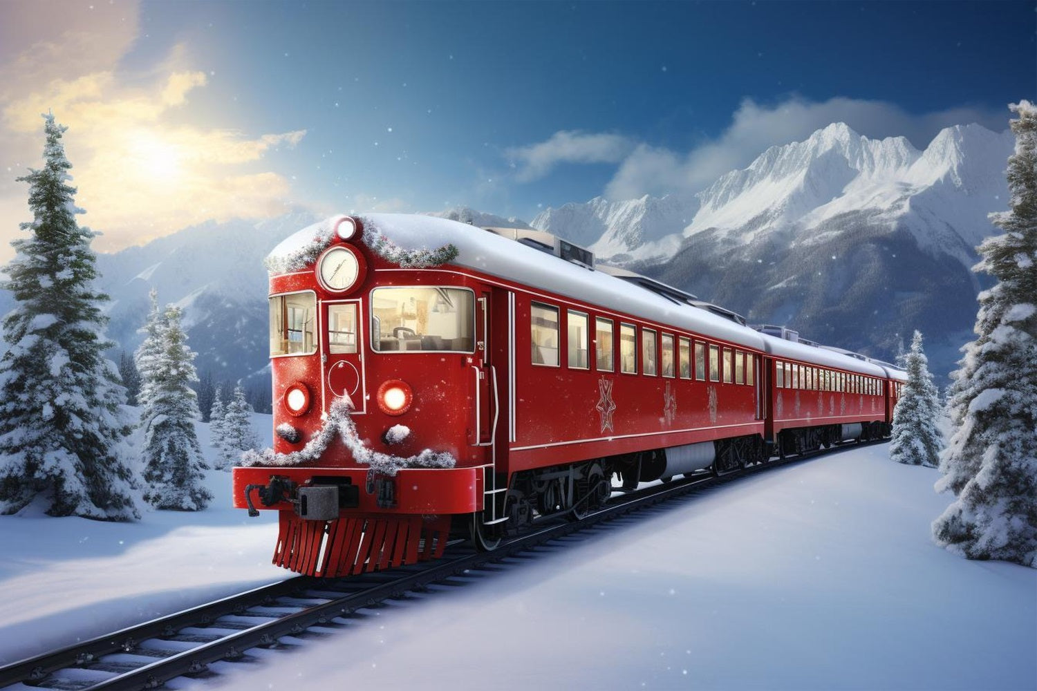 Winter Scene Backdrops Red Train Snow-Capped Mountains Backdrop BRP11-59