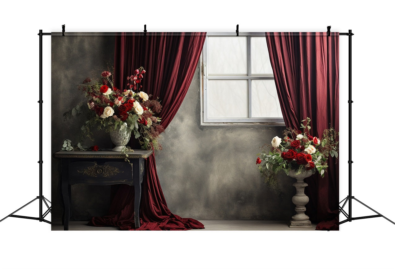 Vintage Backdrop Red Curtained Window Flowers Backdrop BRP11-591