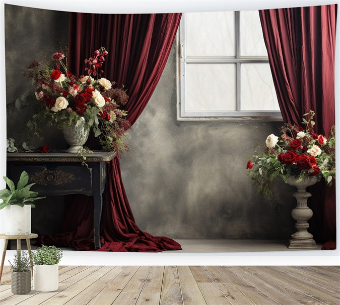 Vintage Backdrop Red Curtained Window Flowers Backdrop BRP11-591