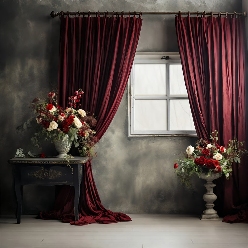 Vintage Backdrop Red Curtained Window Flowers Backdrop BRP11-591