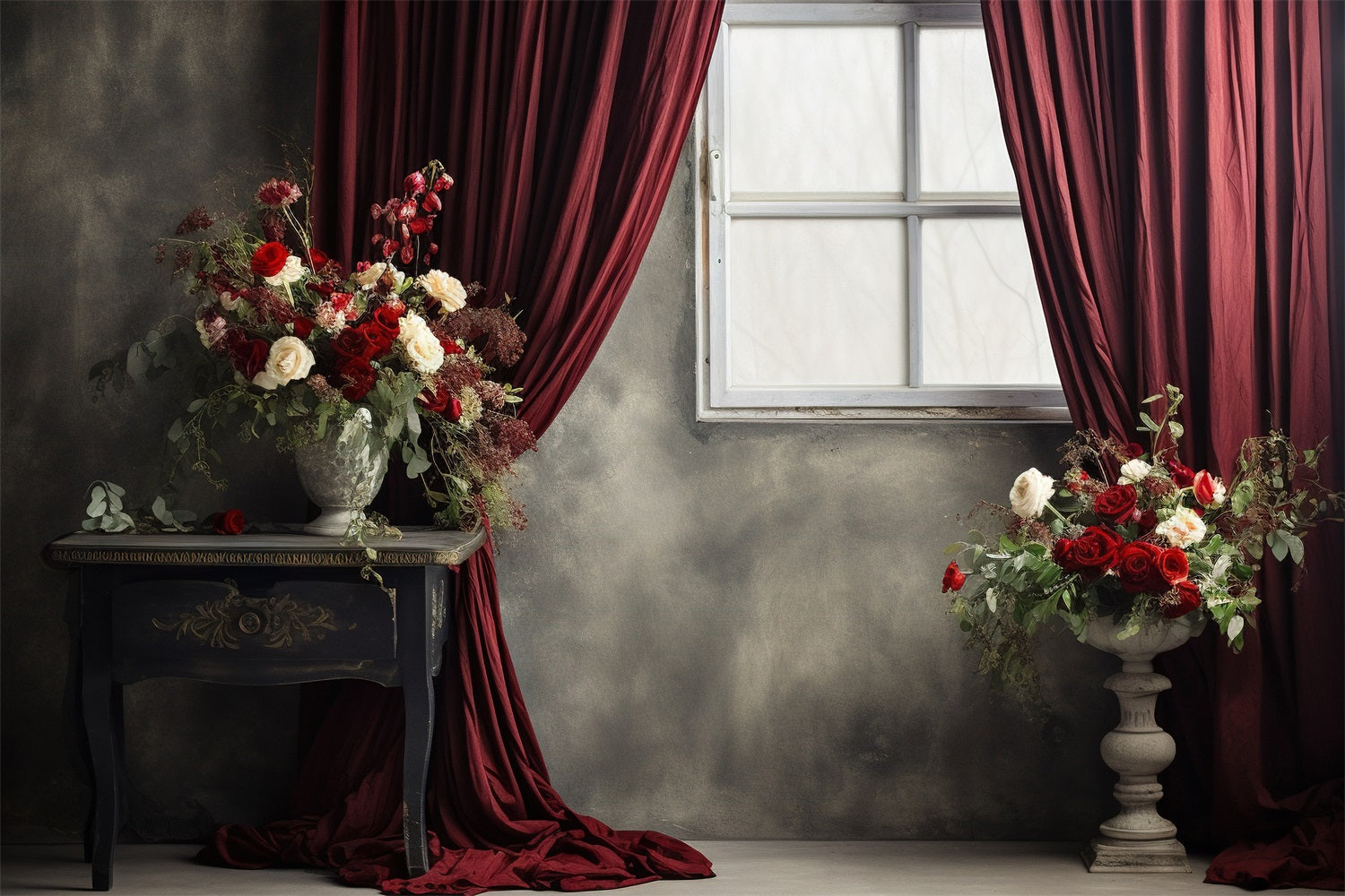 Vintage Backdrop Red Curtained Window Flowers Backdrop BRP11-591