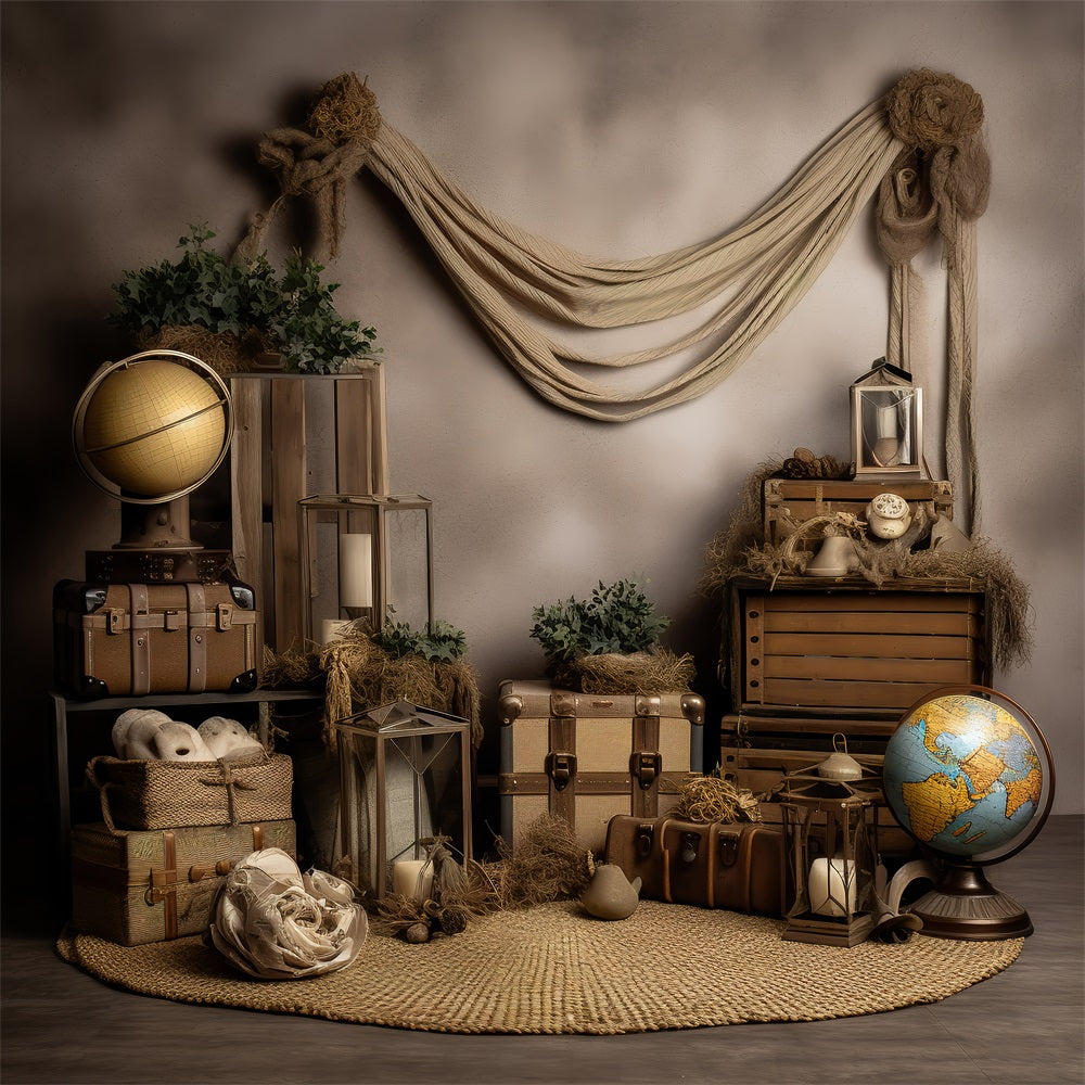 Vintage Backdrop Photography Antique Luggage World Globes Backdrop BRP11-592