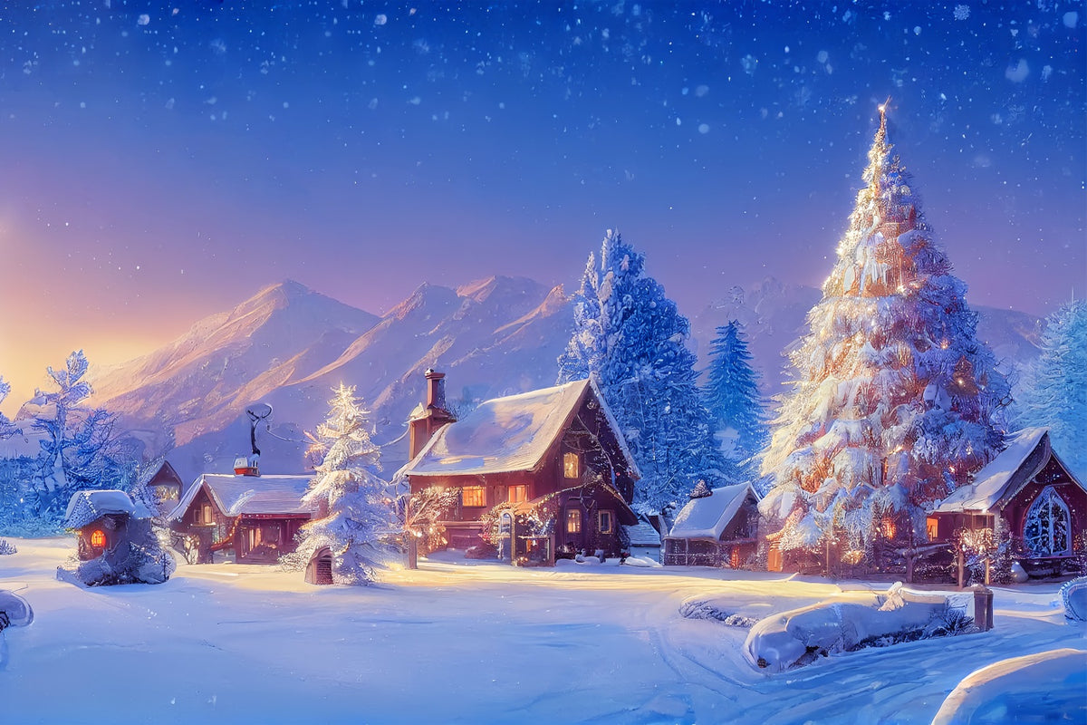 Photo Backdrop Winter Snowy Cabin Christmas Tree Backdrop BRP11-63