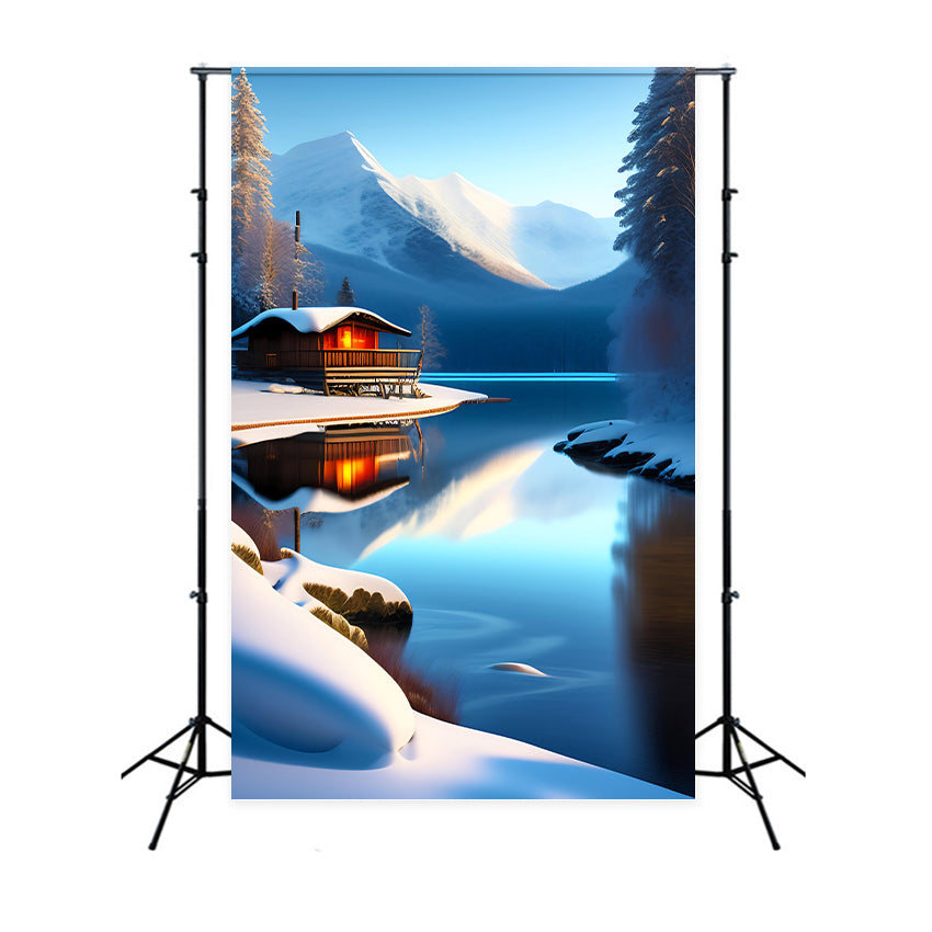 Winter Scene Backdrops Cabin Mountain Reflections Lake Backdrop BRP11-71