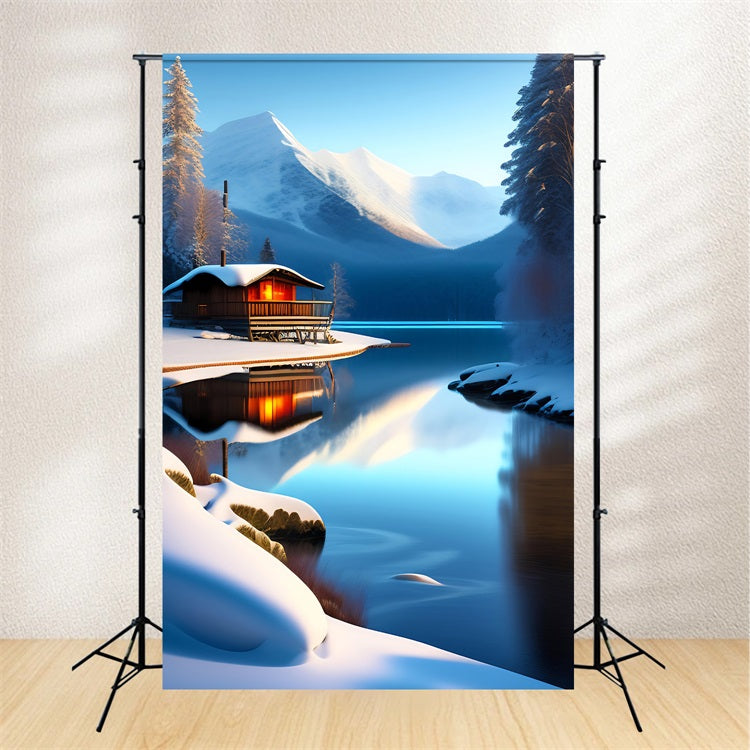 Winter Scene Backdrops Cabin Mountain Reflections Lake Backdrop BRP11-71