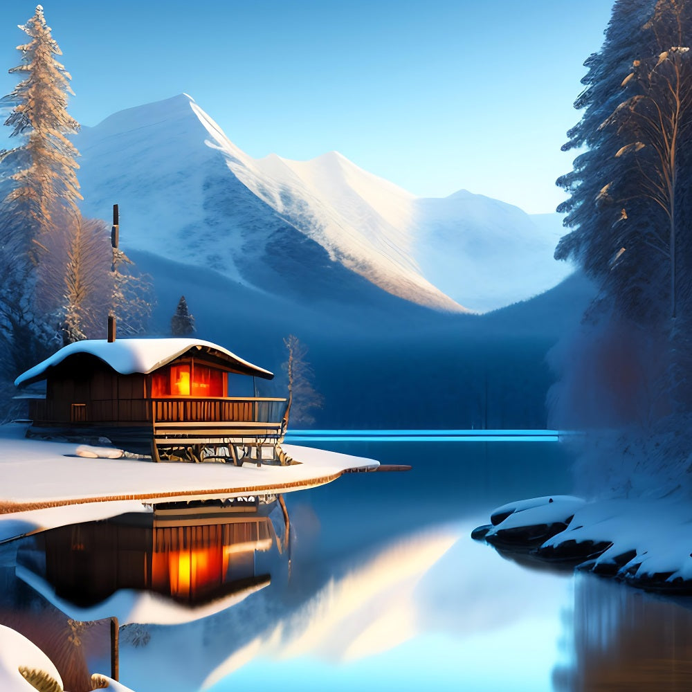 Winter Scene Backdrops Cabin Mountain Reflections Lake Backdrop BRP11-71