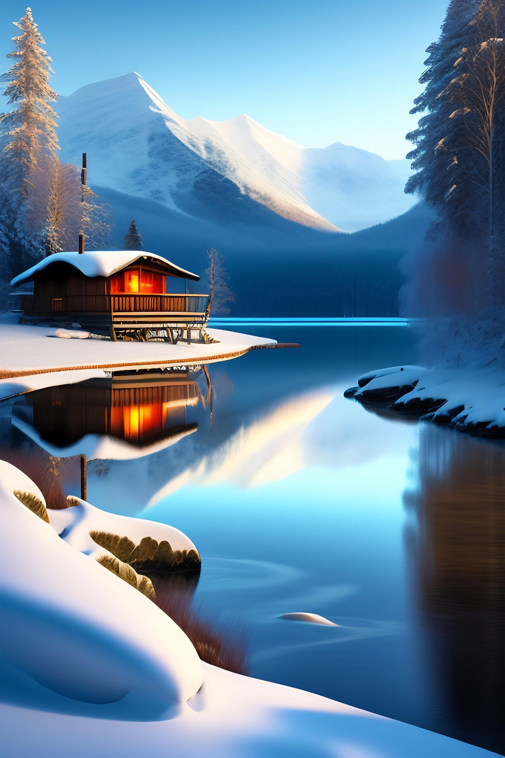 Winter Scene Backdrops Cabin Mountain Reflections Lake Backdrop BRP11-71