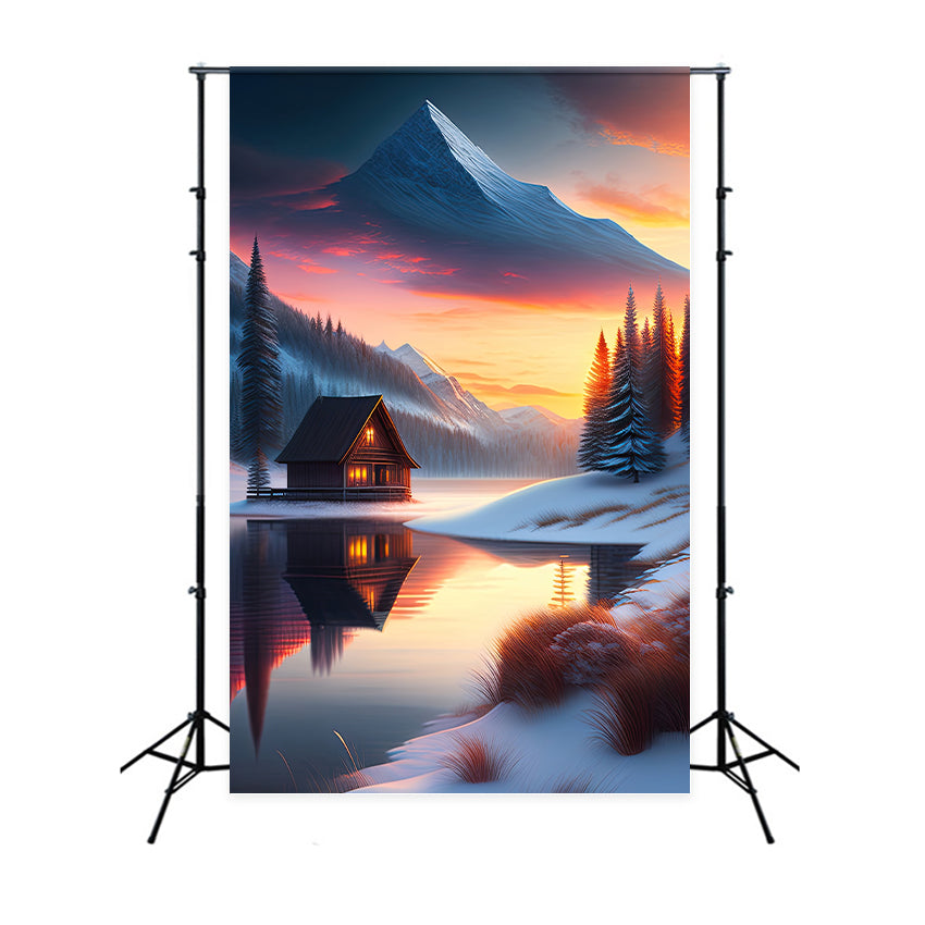 Winter Backdrop Scenes Cabin Frozen Lake Backdrop BRP11-72