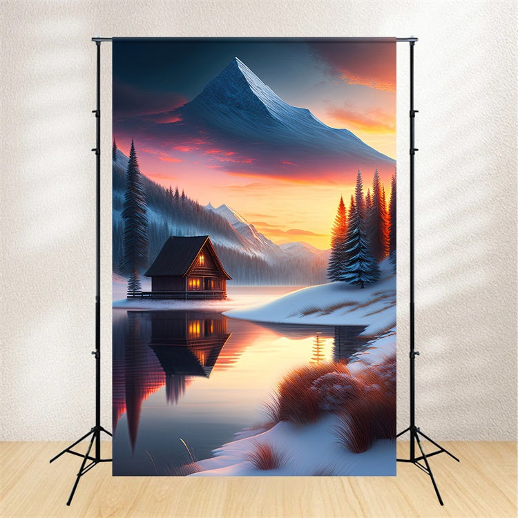 Winter Backdrop Scenes Cabin Frozen Lake Backdrop BRP11-72