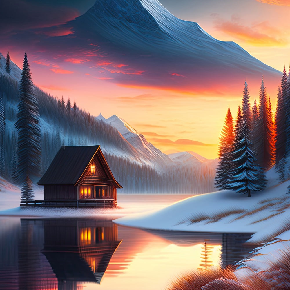 Winter Backdrop Scenes Cabin Frozen Lake Backdrop BRP11-72