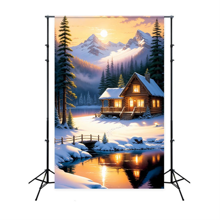 Winter Backdrop Ideas Log Cabin Snowy Lake Backdrop BRP11-73