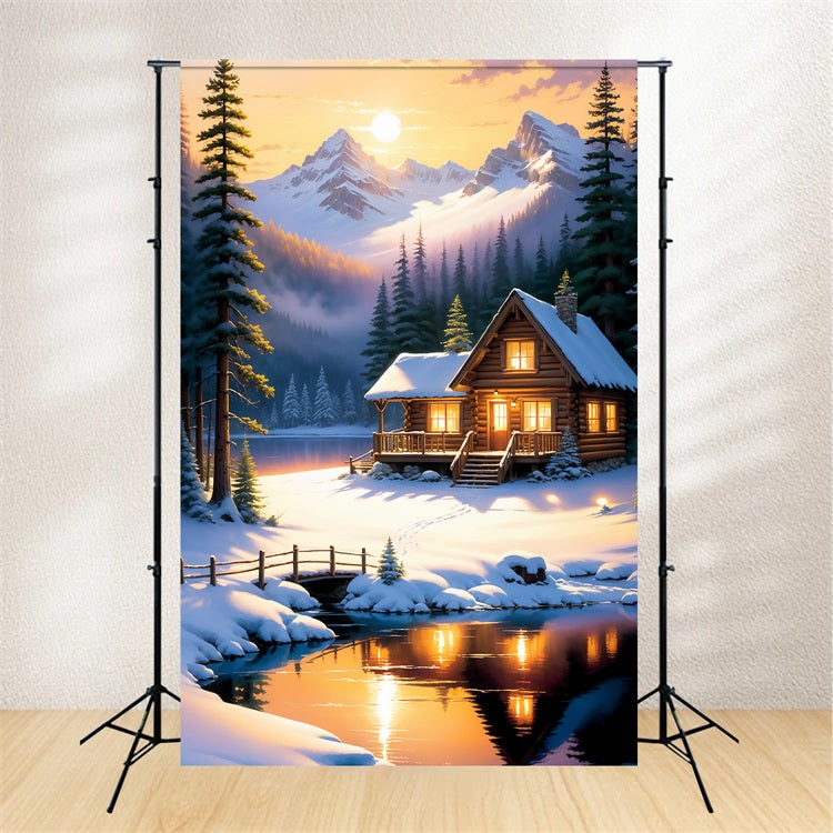 Winter Backdrop Ideas Log Cabin Snowy Lake Backdrop BRP11-73