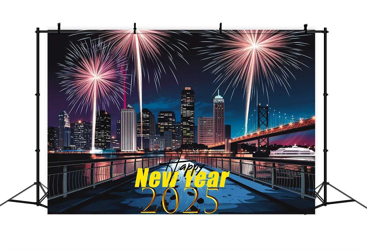 New Year Photo Backdrop 2025 Cityscape Fireworks Backdrop BRP12-104