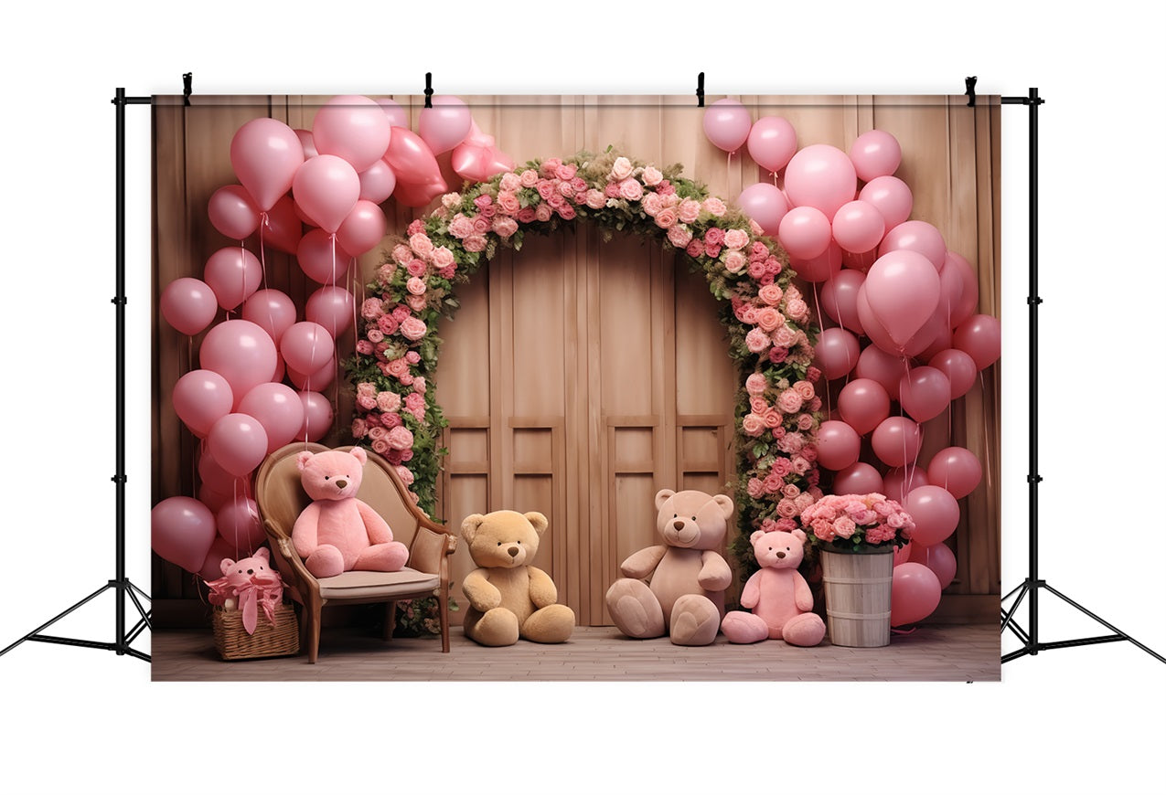 Simple Valentines Backdrop Balloons Floral Arch Bears Backdrop BRP12-172