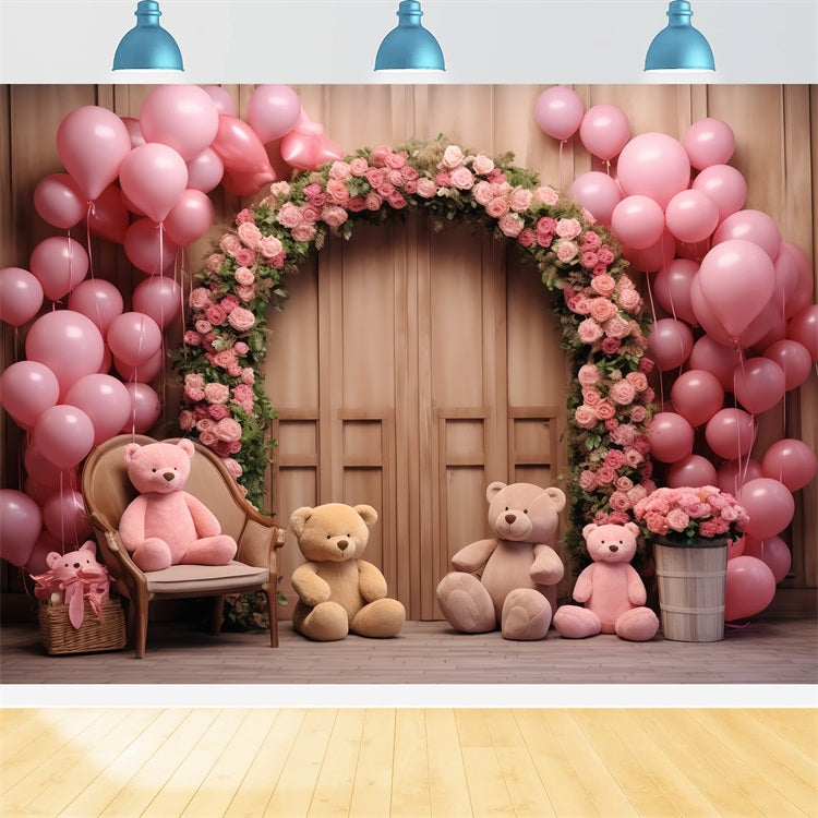 Simple Valentines Backdrop Balloons Floral Arch Bears Backdrop BRP12-172