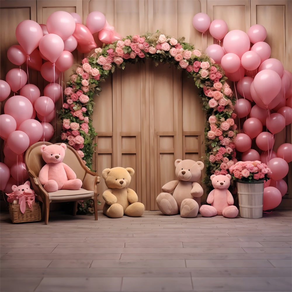 Simple Valentines Backdrop Balloons Floral Arch Bears Backdrop BRP12-172