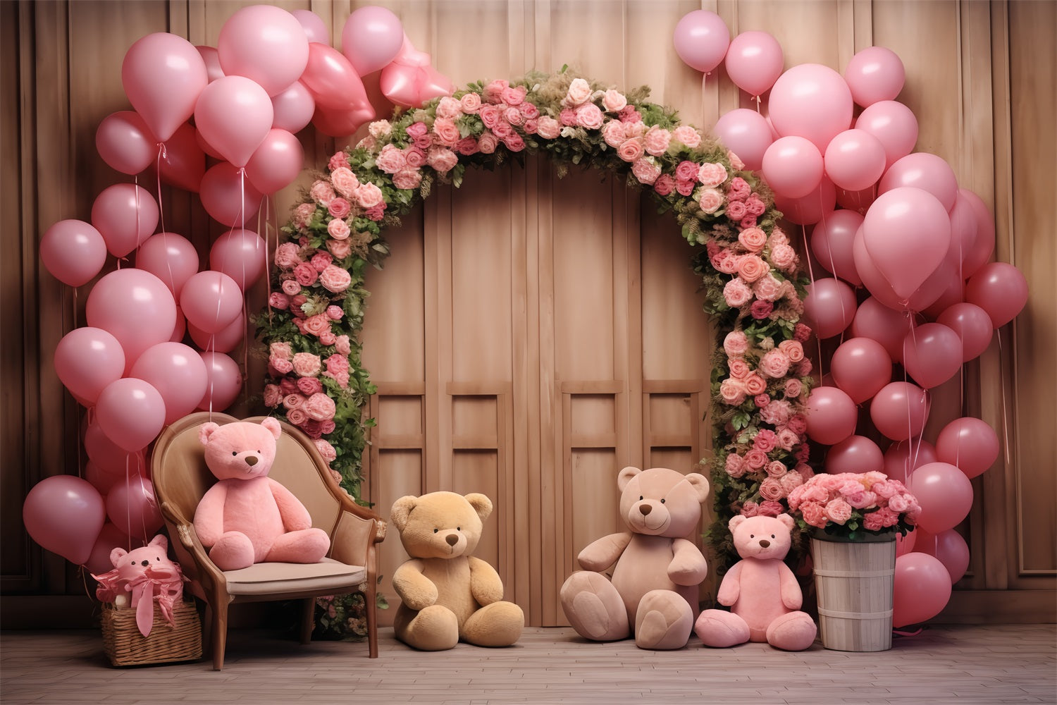 Simple Valentines Backdrop Balloons Floral Arch Bears Backdrop BRP12-172