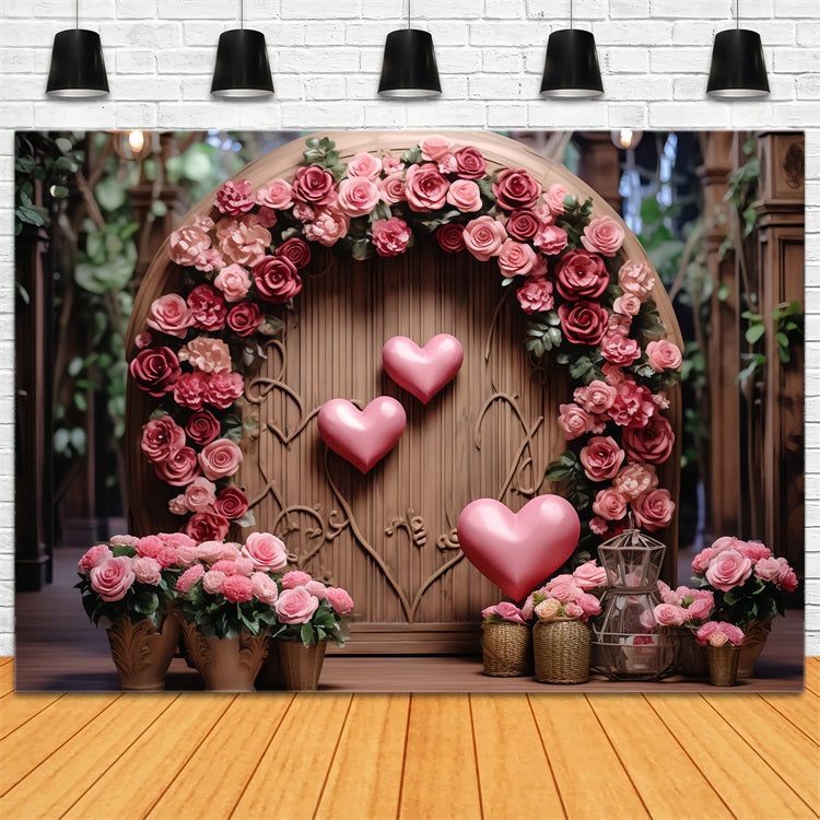 Photography Valentines Backdrops Wooden Archway Floral Heart Backdrop BRP12-173