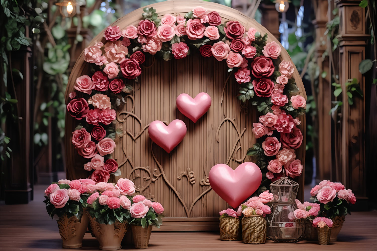 Photography Valentines Backdrops Wooden Archway Floral Heart Backdrop BRP12-173