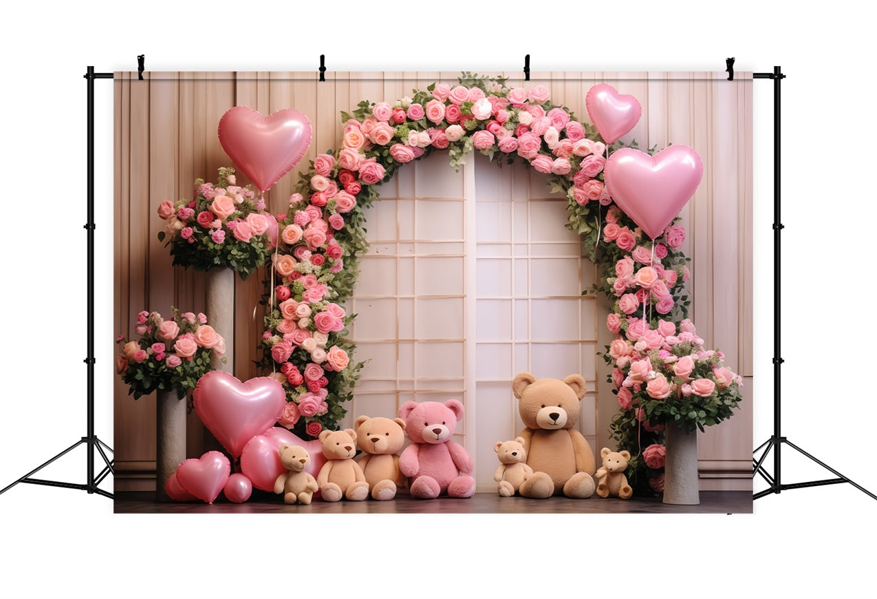 Valentines Party Backdrop Bears Roses Balloon Arch Backdrop BRP12-174