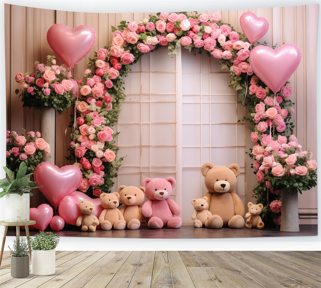 Valentines Party Backdrop Bears Roses Balloon Arch Backdrop BRP12-174