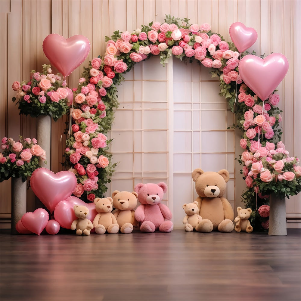 Valentines Party Backdrop Bears Roses Balloon Arch Backdrop BRP12-174