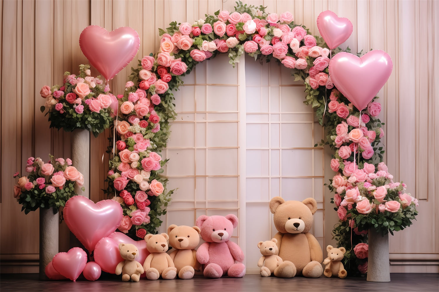 Valentines Party Backdrop Bears Roses Balloon Arch Backdrop BRP12-174