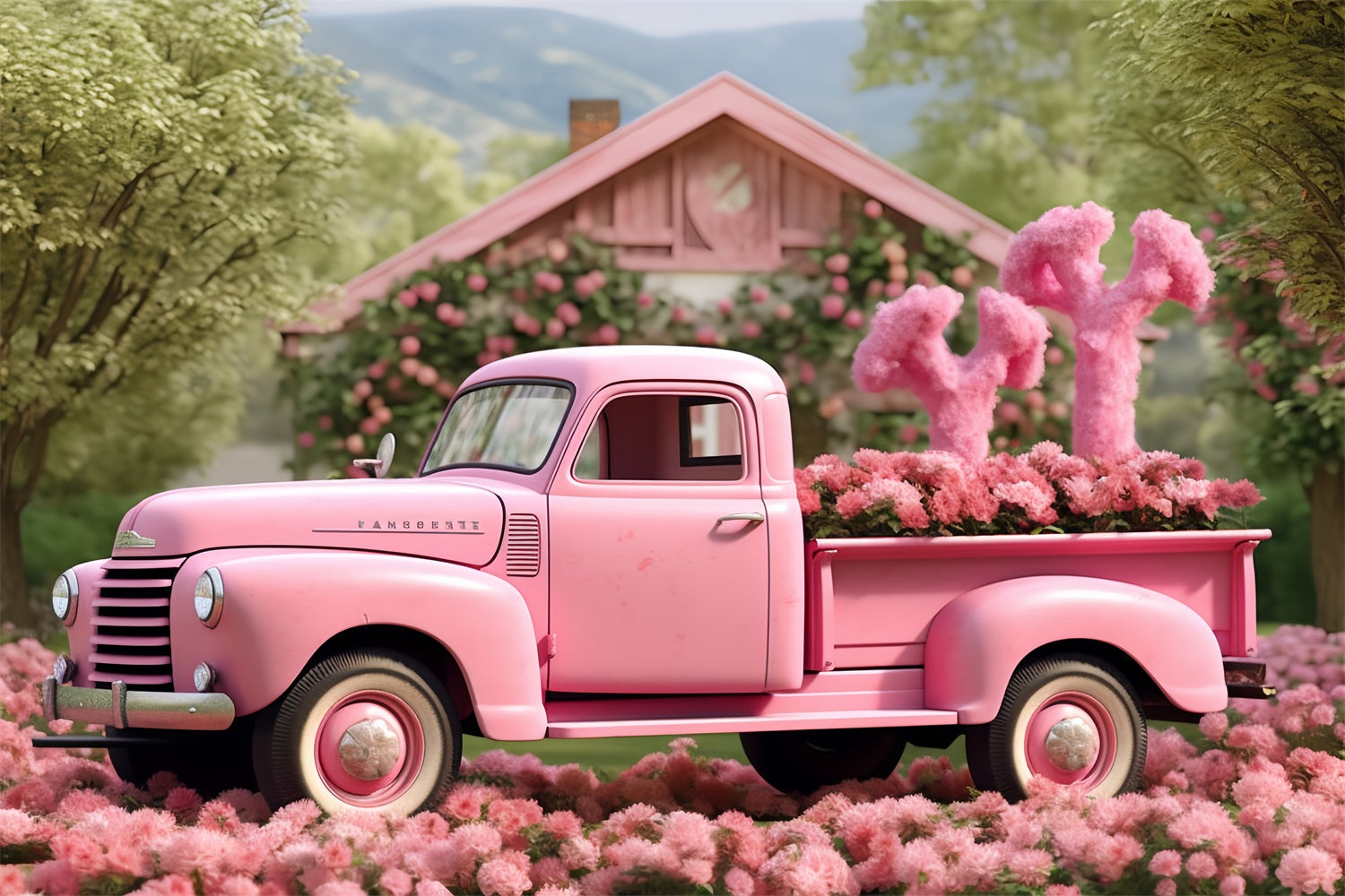 Valentines Day Picture Backdrop Truck Surrounded Blossoms Backdrop BRP12-177