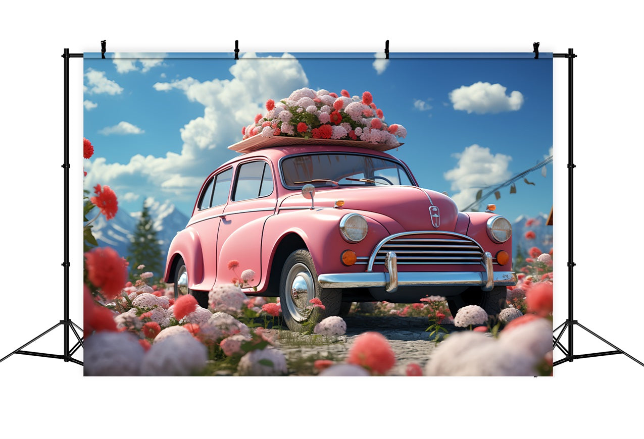 Backdrop For Valentines Day Floral-Adorned Pink Car Backdrop BRP12-178