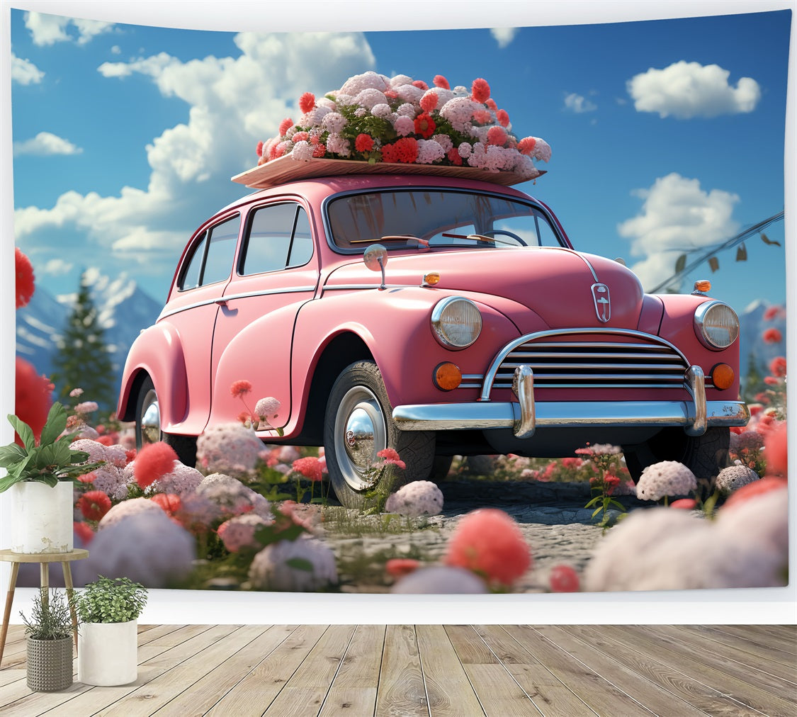 Backdrop For Valentines Day Floral-Adorned Pink Car Backdrop BRP12-178