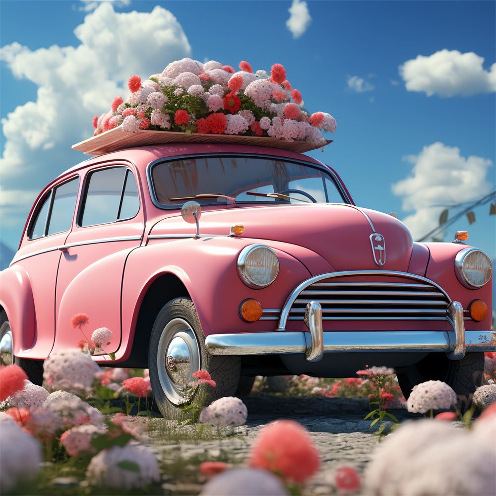 Backdrop For Valentines Day Floral-Adorned Pink Car Backdrop BRP12-178