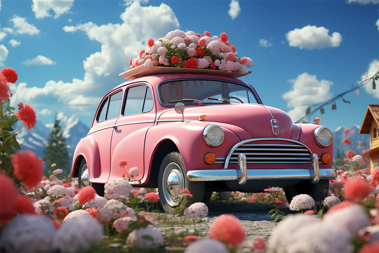 Backdrop For Valentines Day Floral-Adorned Pink Car Backdrop BRP12-178