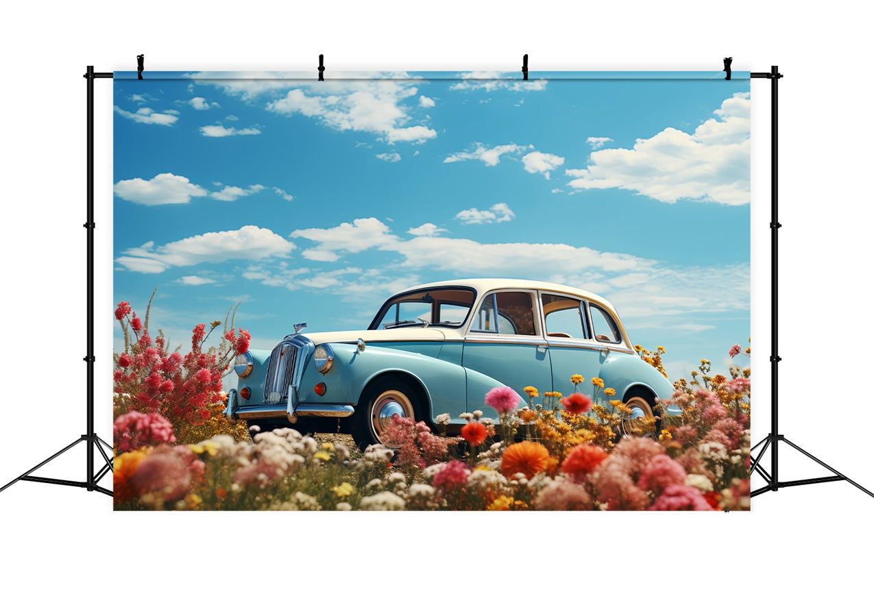 Backdrop Valentine's Day Blue Car Flower Field Backdrop BRP12-179