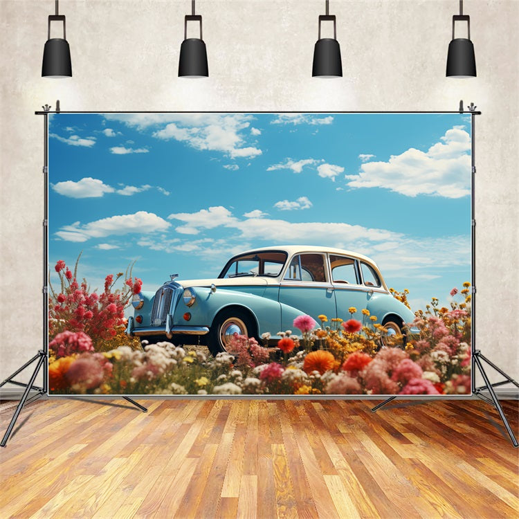 Backdrop Valentine's Day Blue Car Flower Field Backdrop BRP12-179