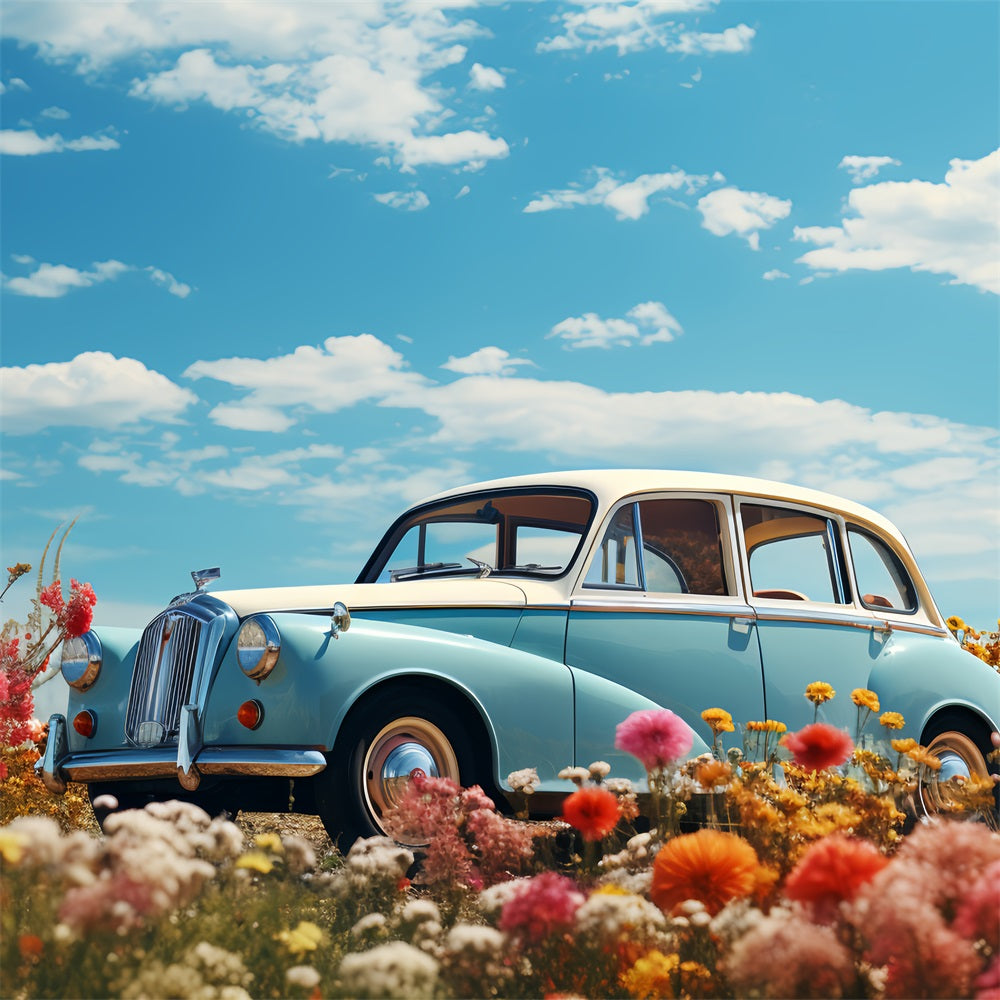 Backdrop Valentine's Day Blue Car Flower Field Backdrop BRP12-179