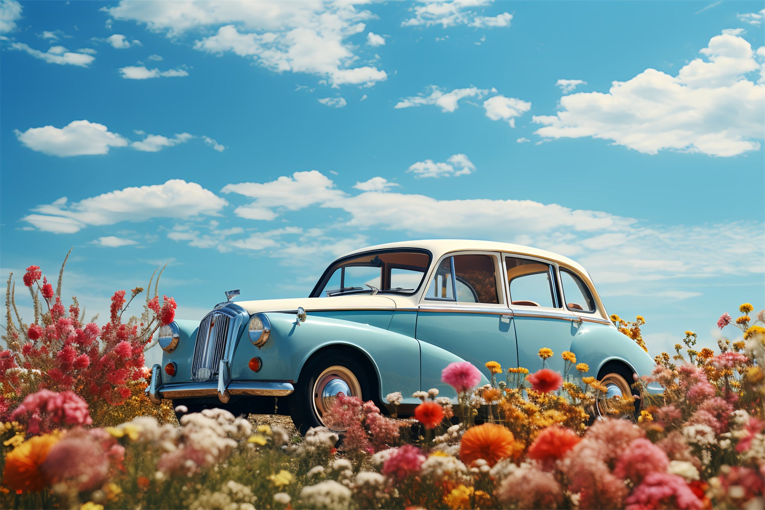 Backdrop Valentine's Day Blue Car Flower Field Backdrop BRP12-179