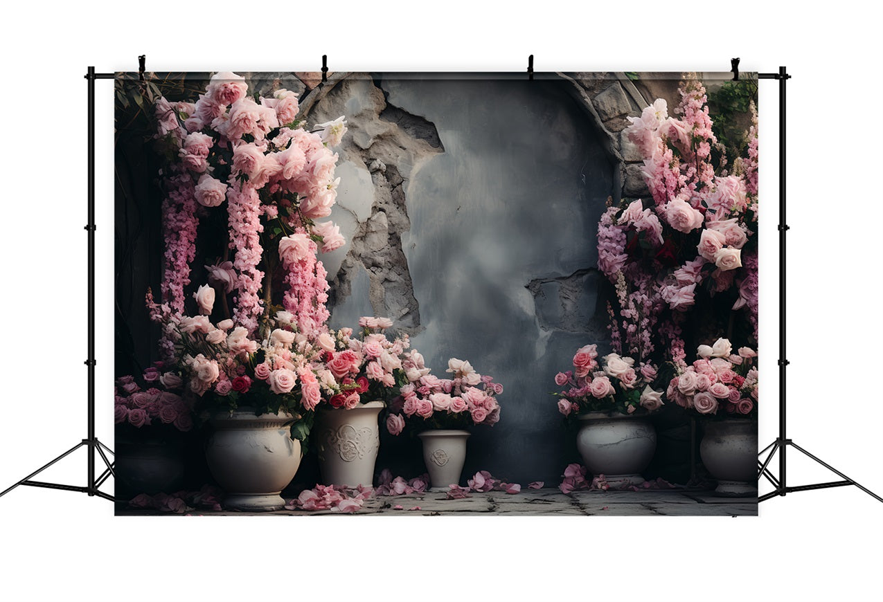 Backdrop Valentines Stone Wall Cascading Pink Roses Backdrop BRP12-183