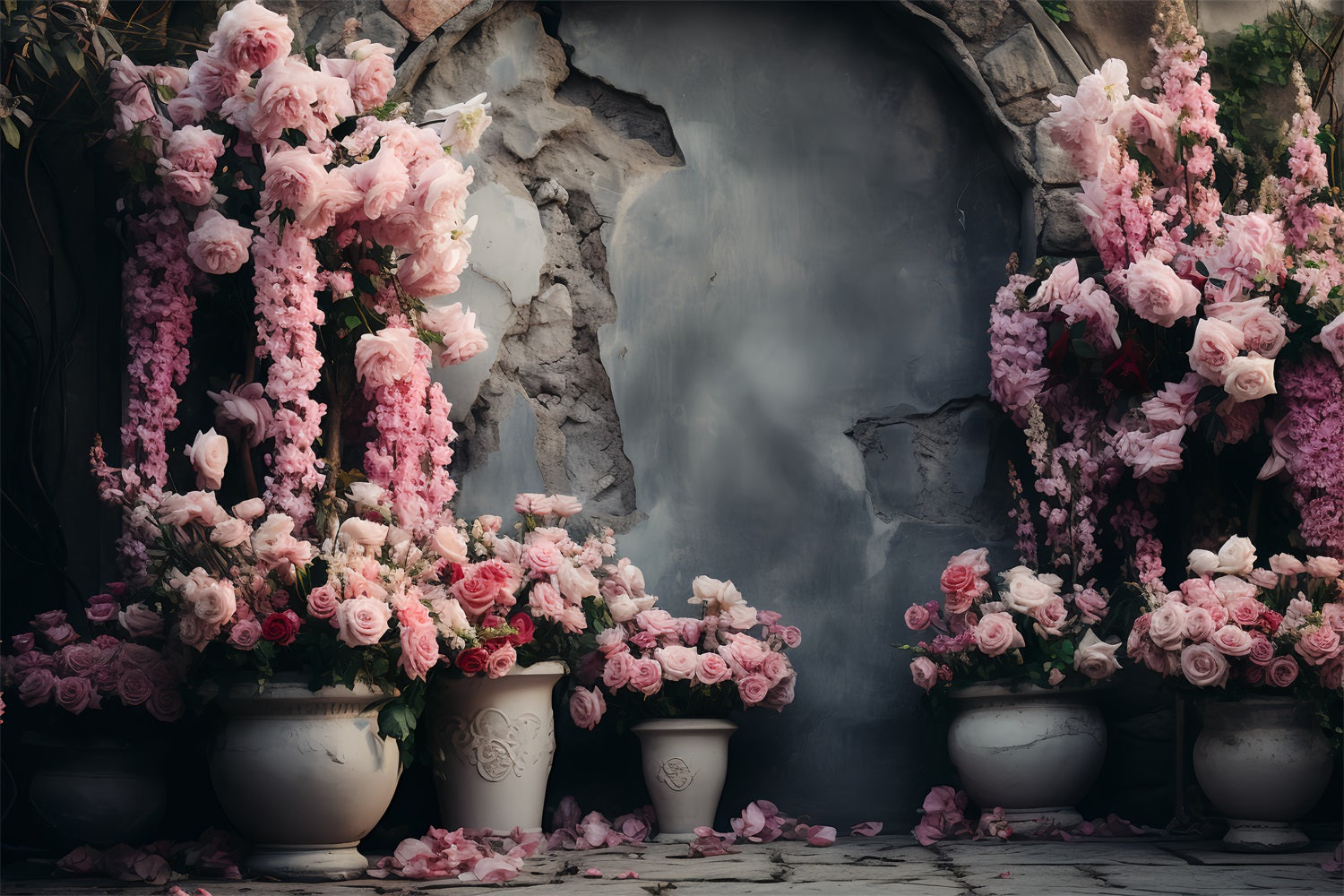 Backdrop Valentines Stone Wall Cascading Pink Roses Backdrop BRP12-183