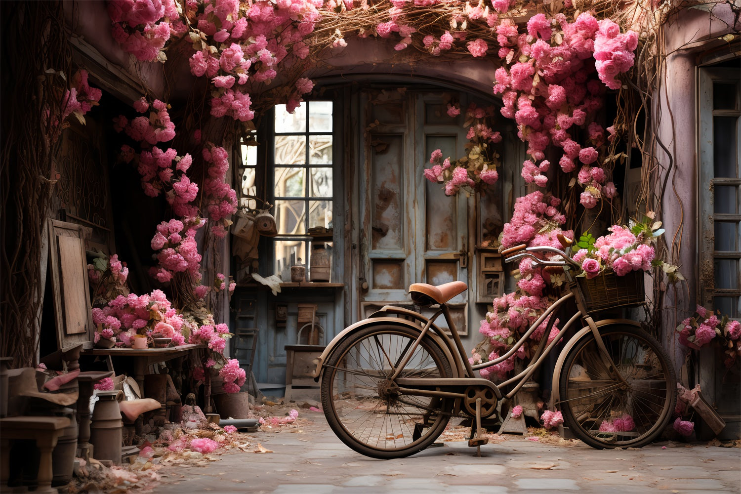 Valentines Backdrop Cottage Bicycle Rose-Climbing Walls Backdrop BRP12-190