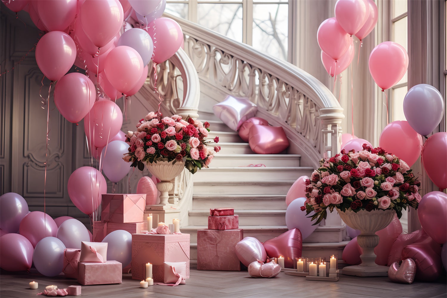 Valentine Photography Backdrop Roses Staircase Balloon Celebration Backdrop BRP12-196