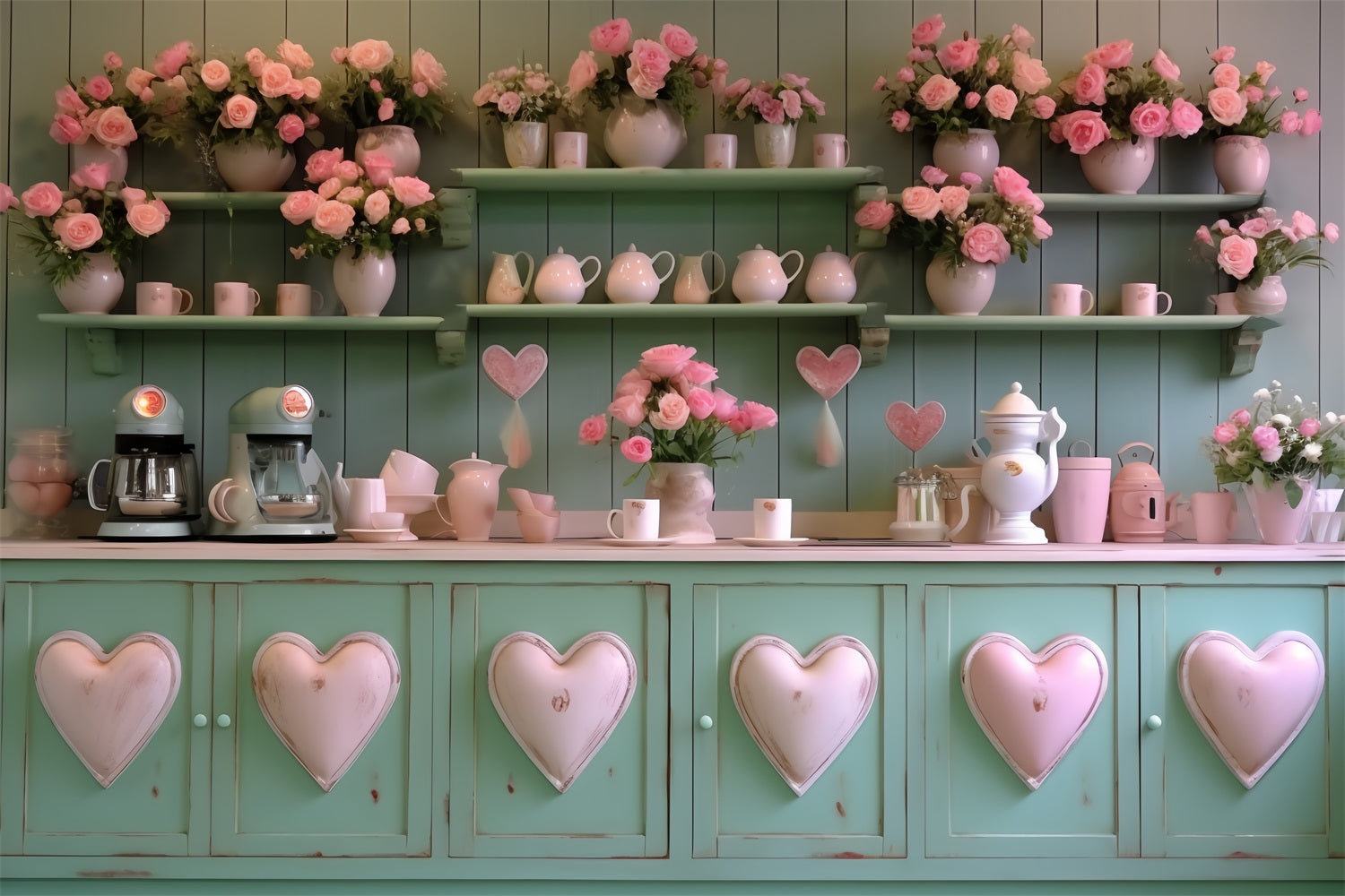 Valentine's Day Backdrop Kitchen Green Heart Cabinet Backdrop BRP12-200