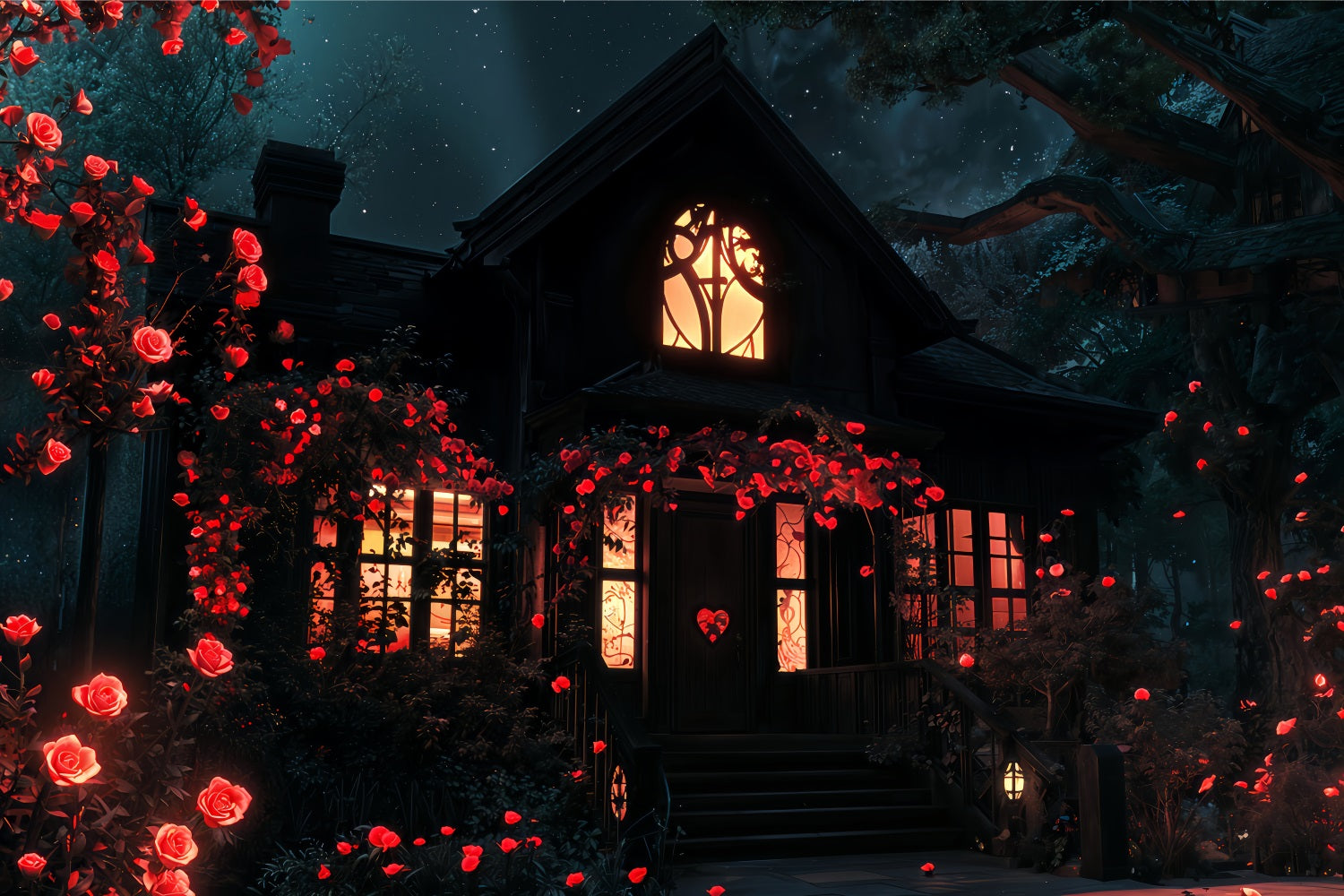 Valentine's Photo Backdrop Romantic Rose House Nighttime Backdrop BRP12-209