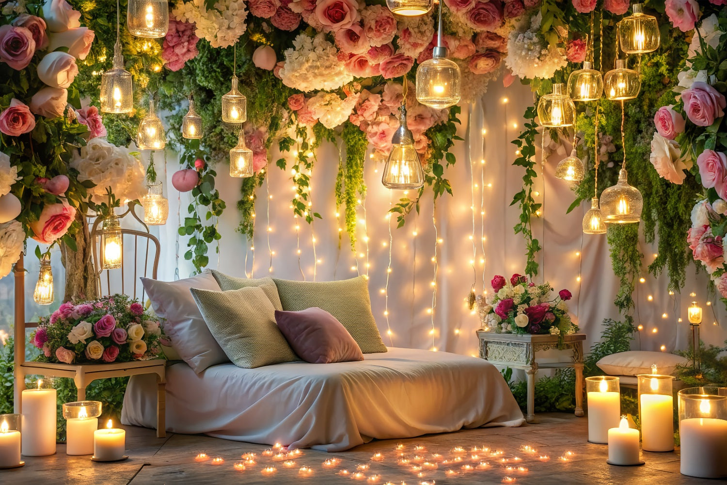 Valentines Backdrops Elegant Bedroom Candlelight Flowers Backdrop BRP12-223