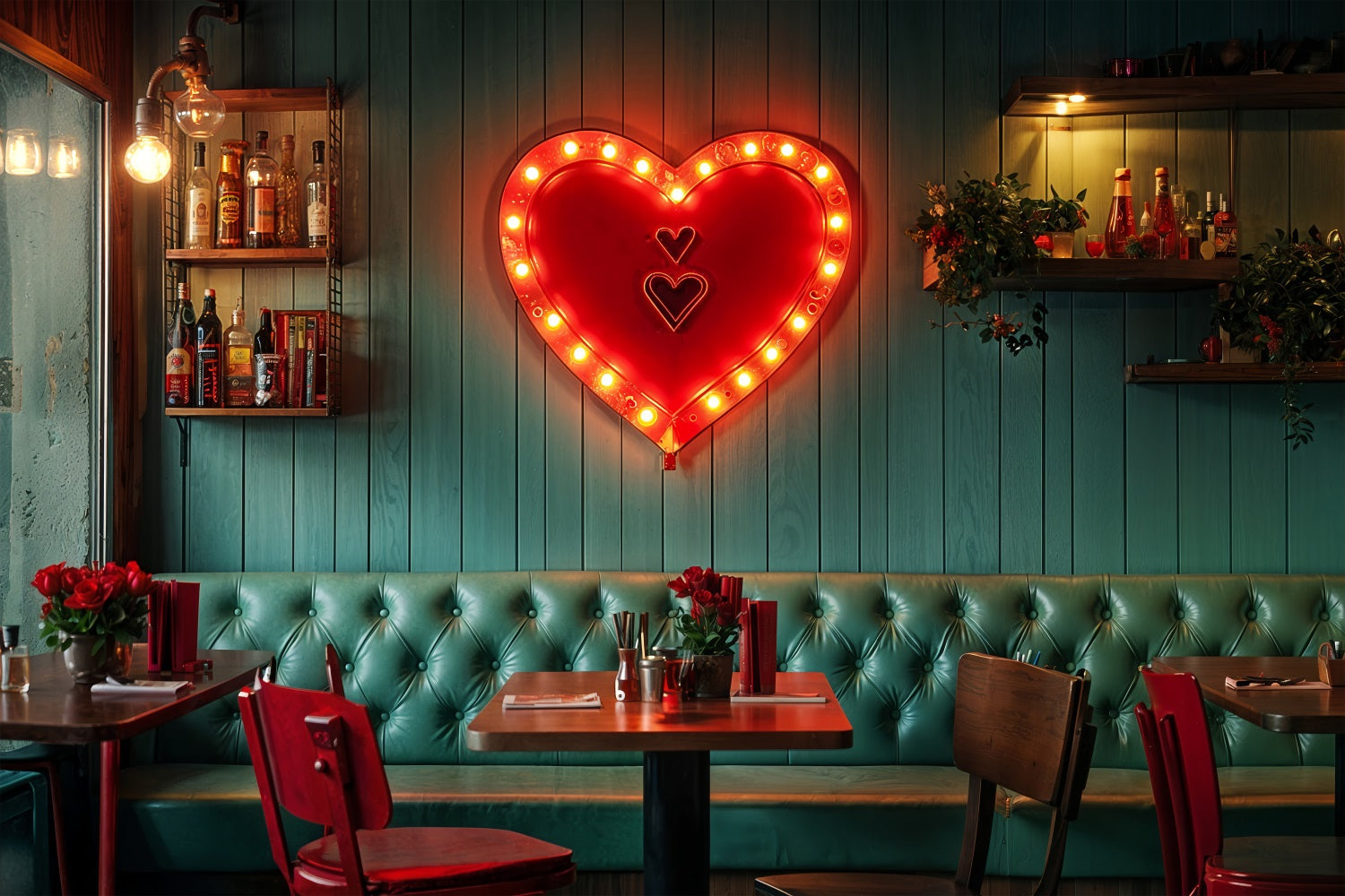 Valentine Theme Backdrop Vintage Cafe Neon Heart Backdrop BRP12-226