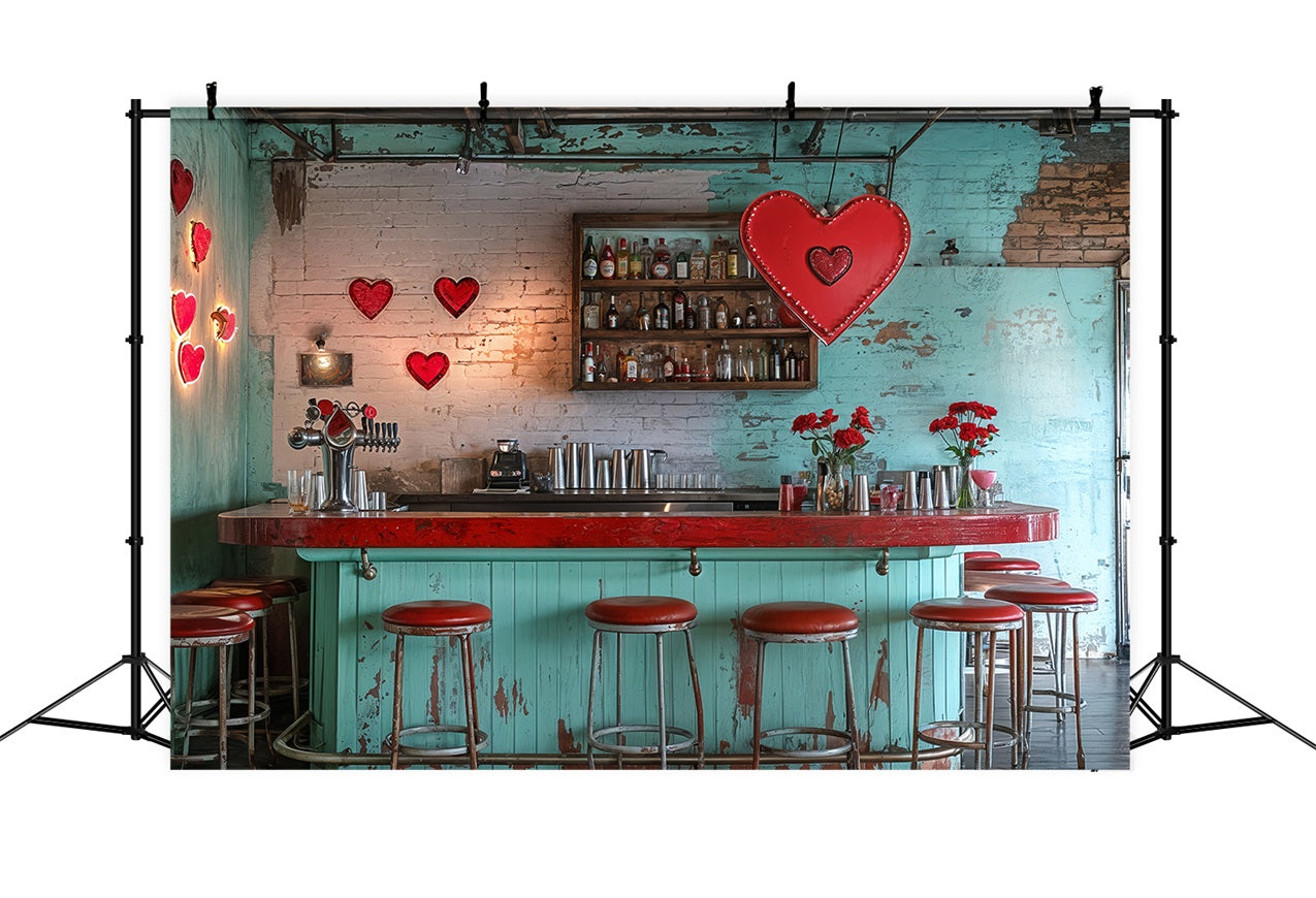 Valentine's Photo Backdrop Vintage Bar Red Hearts Backdrop BRP12-227