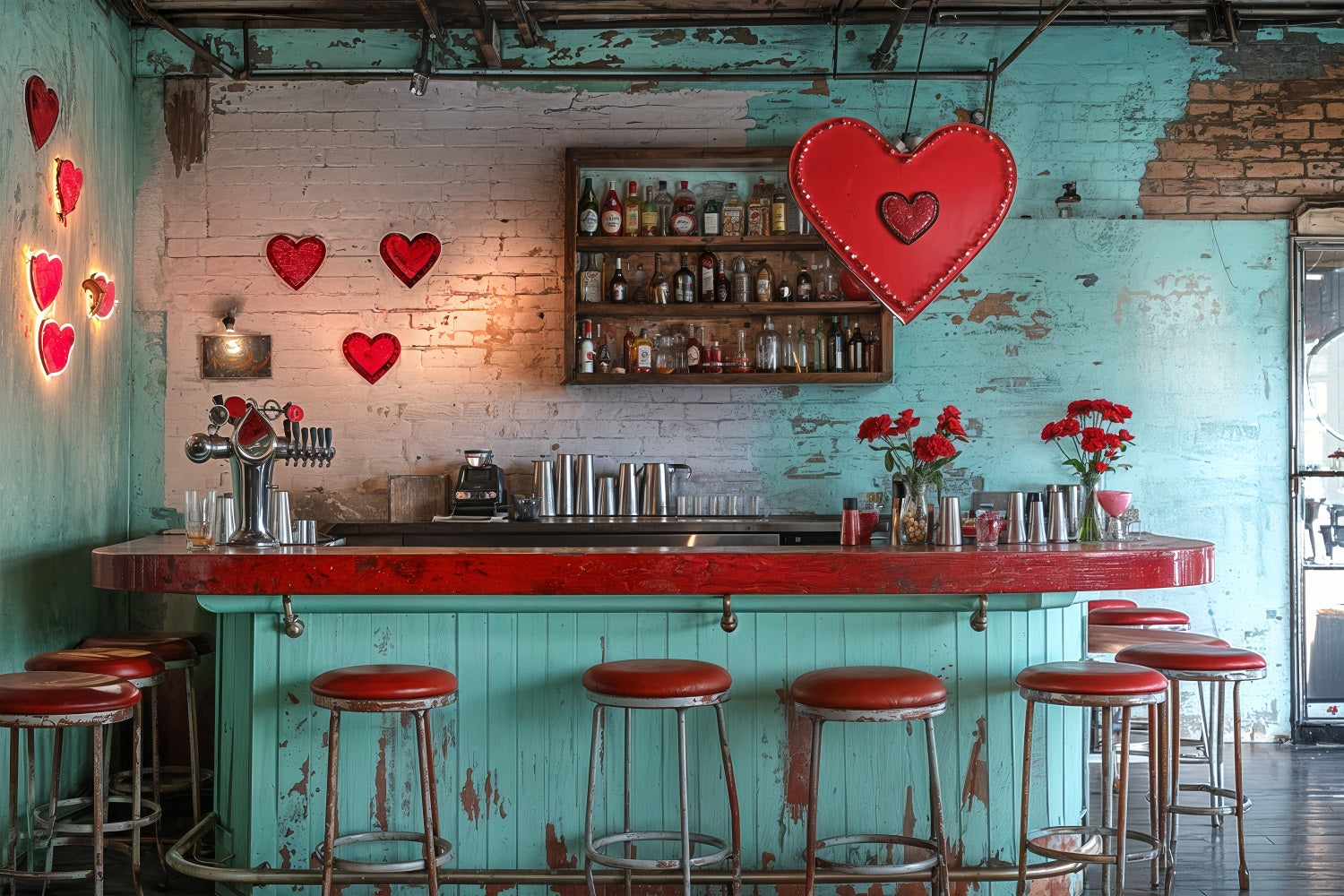 Valentine's Photo Backdrop Vintage Bar Red Hearts Backdrop BRP12-227